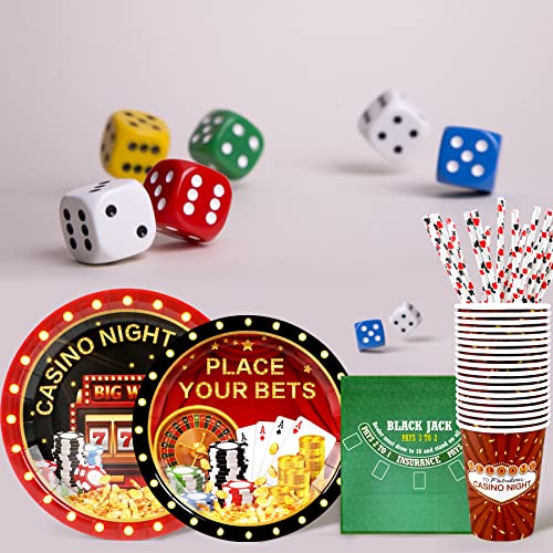 Casino Night Party Supplies Decorations, Disposable Las Vegas Birthday Paper Plates and Napkins Set with Cups and Straws for 24 Guests, 120 Pcs Poker Game Theme Party Dessert Dinnerwares