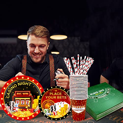 Casino Night Party Supplies Decorations, Disposable Las Vegas Birthday Paper Plates and Napkins Set with Cups and Straws for 24 Guests, 120 Pcs Poker Game Theme Party Dessert Dinnerwares